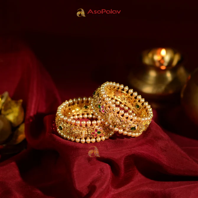 22K Temple Bridal Gold Bangles with Pearls, Ruby & Emerald